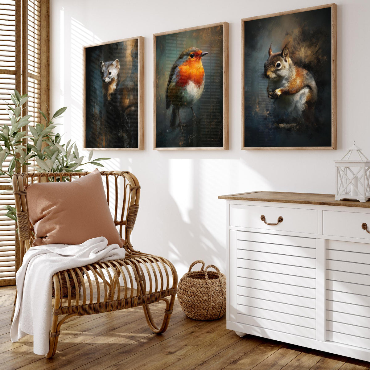 Majestic Emergence Art Prints - Set of Three Woodland Critters Posters - Pine Marten Robin Squirrel Paintings