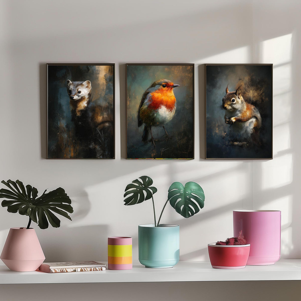 Majestic Emergence Art Prints - Set of Three Woodland Critters Posters - Pine Marten Robin Squirrel Paintings