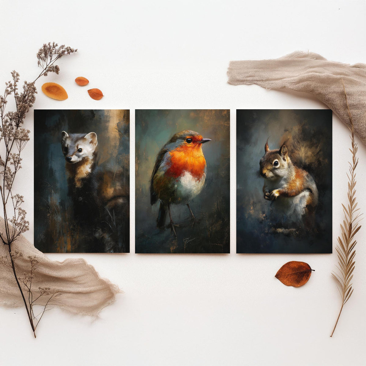 Majestic Emergence Art Prints - Set of Three Woodland Critters Posters - Pine Marten Robin Squirrel Paintings