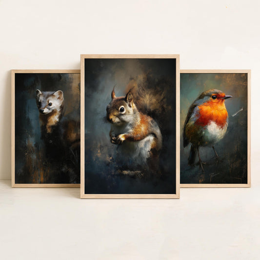 Majestic Emergence Art Prints - Set of Three Woodland Critters Posters - Pine Marten Robin Squirrel Paintings