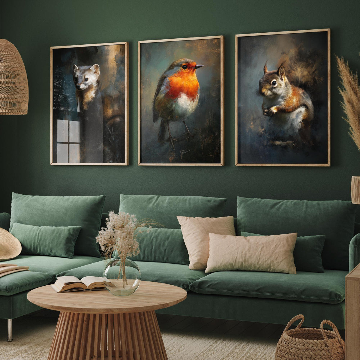 Majestic Emergence Art Prints - Set of Three Woodland Critters Posters - Pine Marten Robin Squirrel Paintings