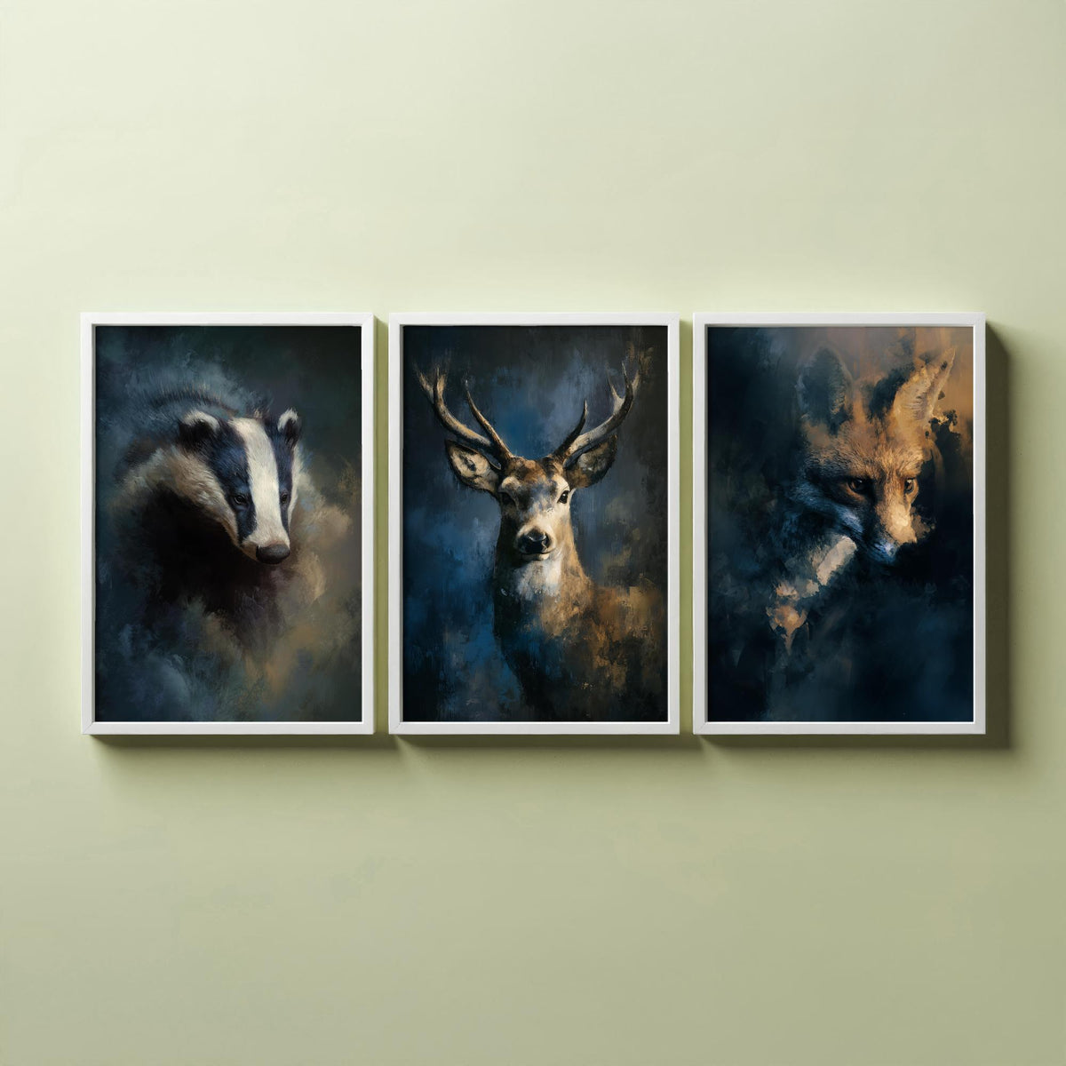 Majestic Emergence Art Prints - Set of Three Woodland at Night Posters - Badger Deer Fox Paintings