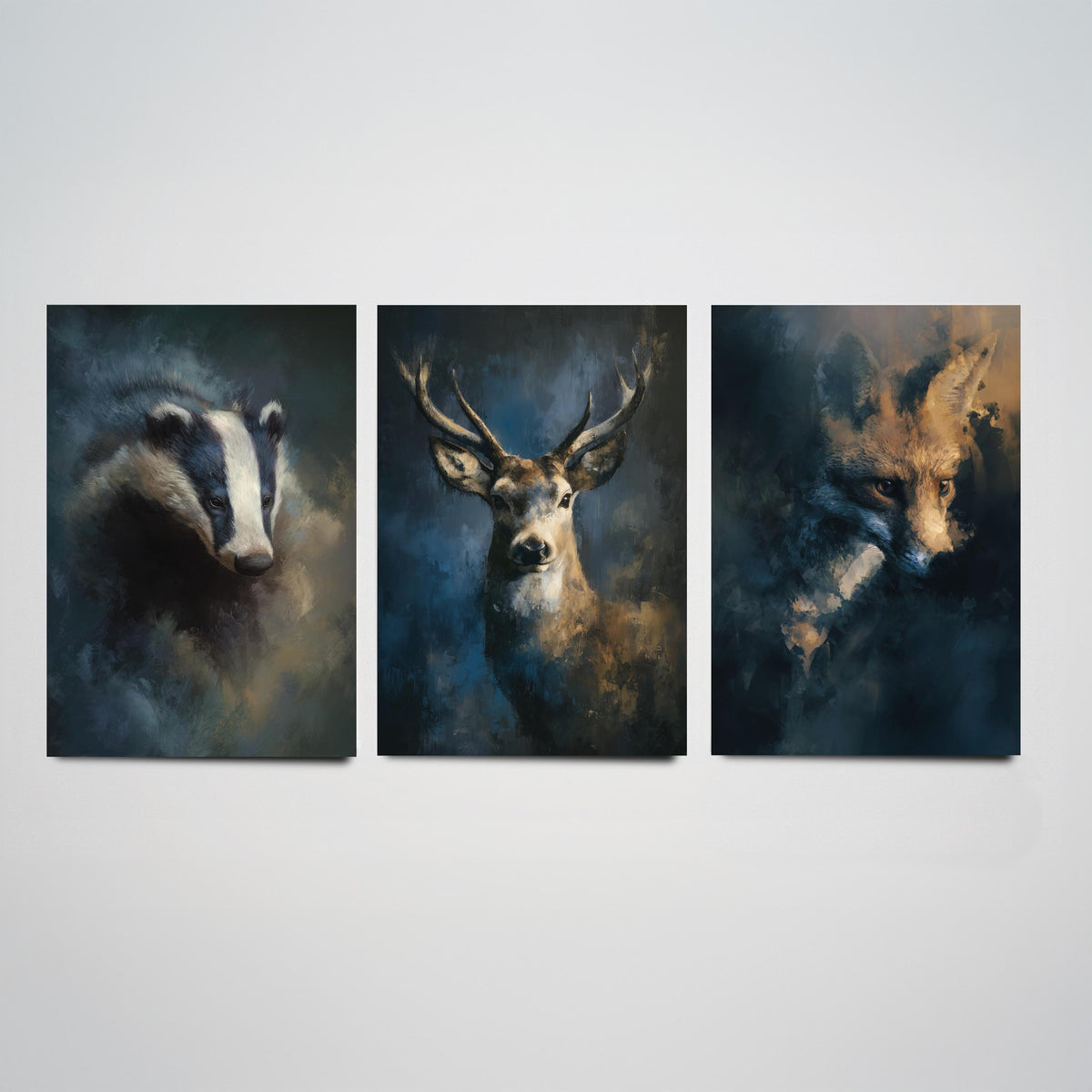 Majestic Emergence Art Prints - Set of Three Woodland at Night Posters - Badger Deer Fox Paintings