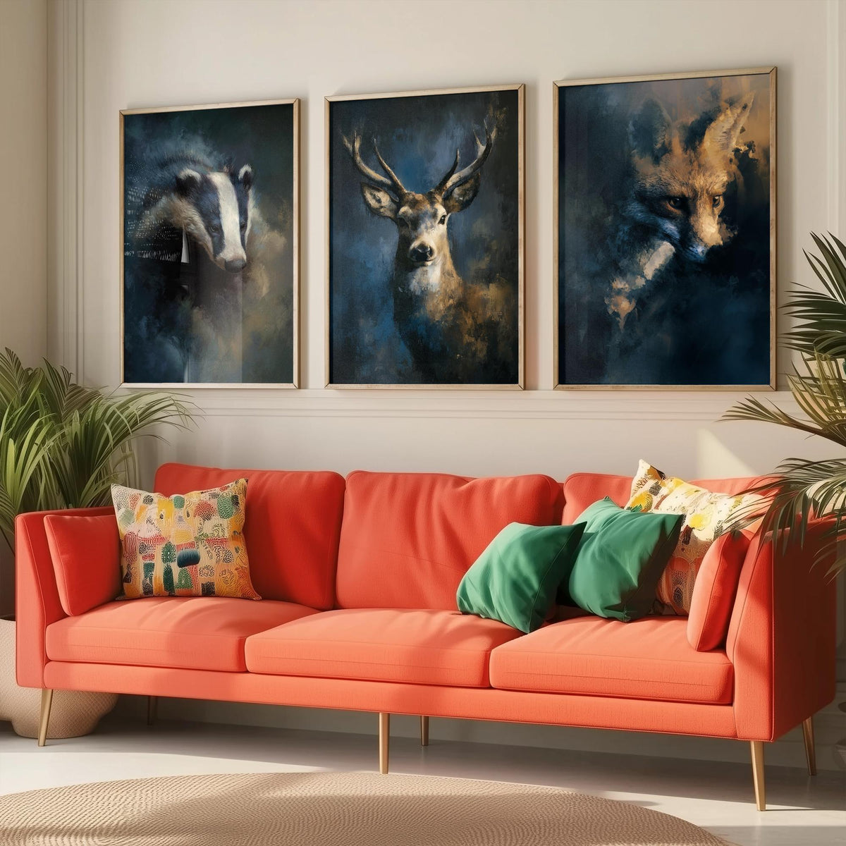 Majestic Emergence Art Prints - Set of Three Woodland at Night Posters - Badger Deer Fox Paintings