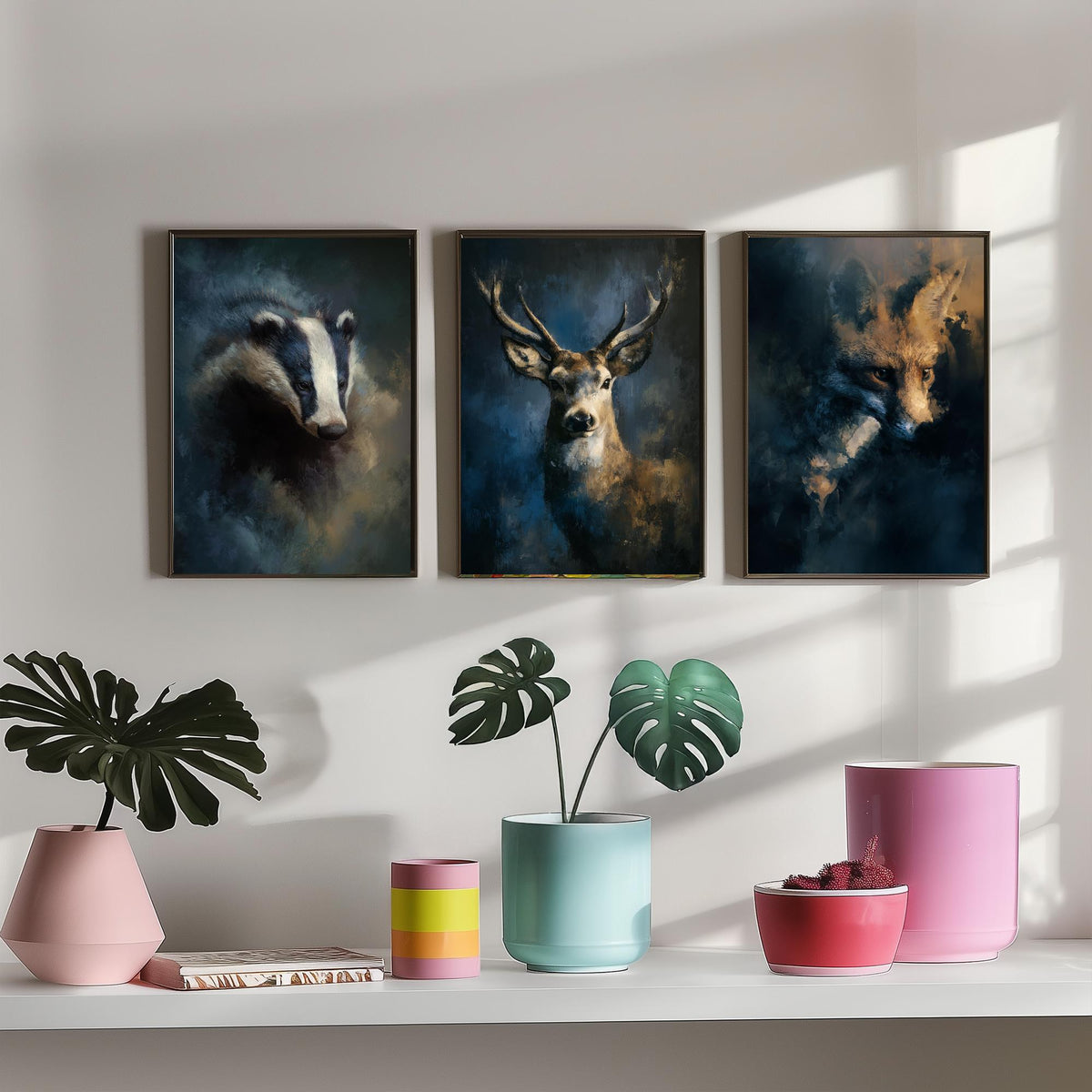 Majestic Emergence Art Prints - Set of Three Woodland at Night Posters - Badger Deer Fox Paintings