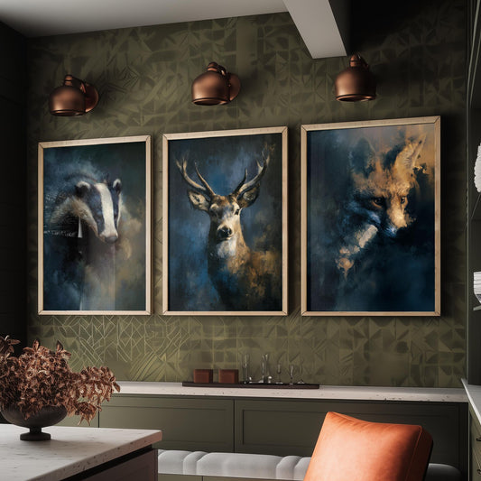 Majestic Emergence Art Prints - Set of Three Woodland at Night Posters - Badger Deer Fox Paintings
