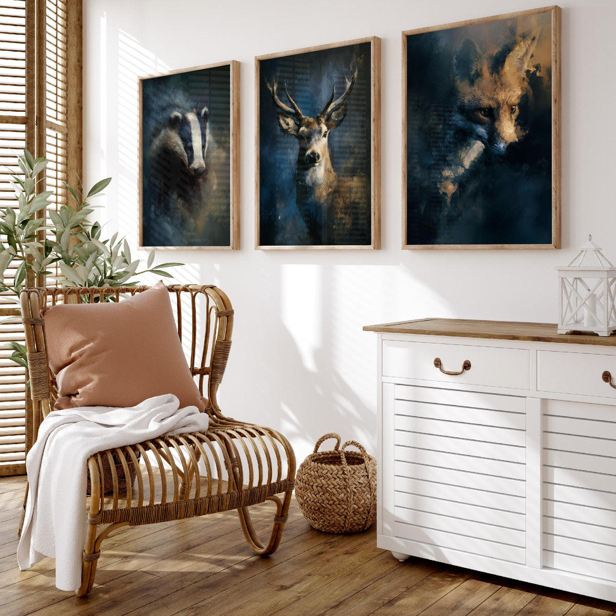 Majestic Emergence Art Prints - Set of Three Woodland at Night Posters - Badger Deer Fox Paintings