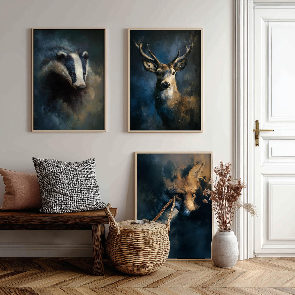 Majestic Emergence Art Prints - Set of Three Woodland at Night Posters - Badger Deer Fox Paintings