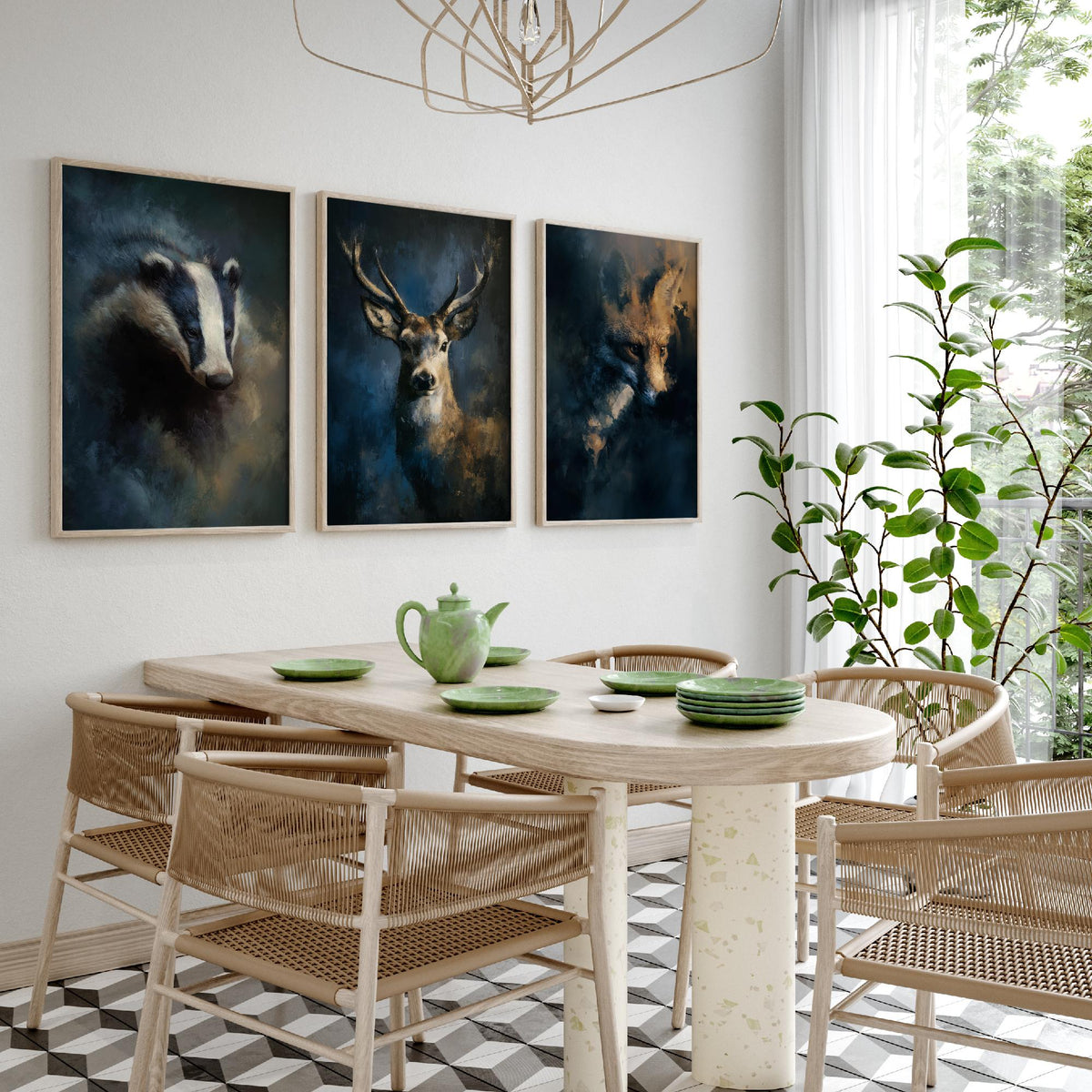Majestic Emergence Art Prints - Set of Three Woodland at Night Posters - Badger Deer Fox Paintings