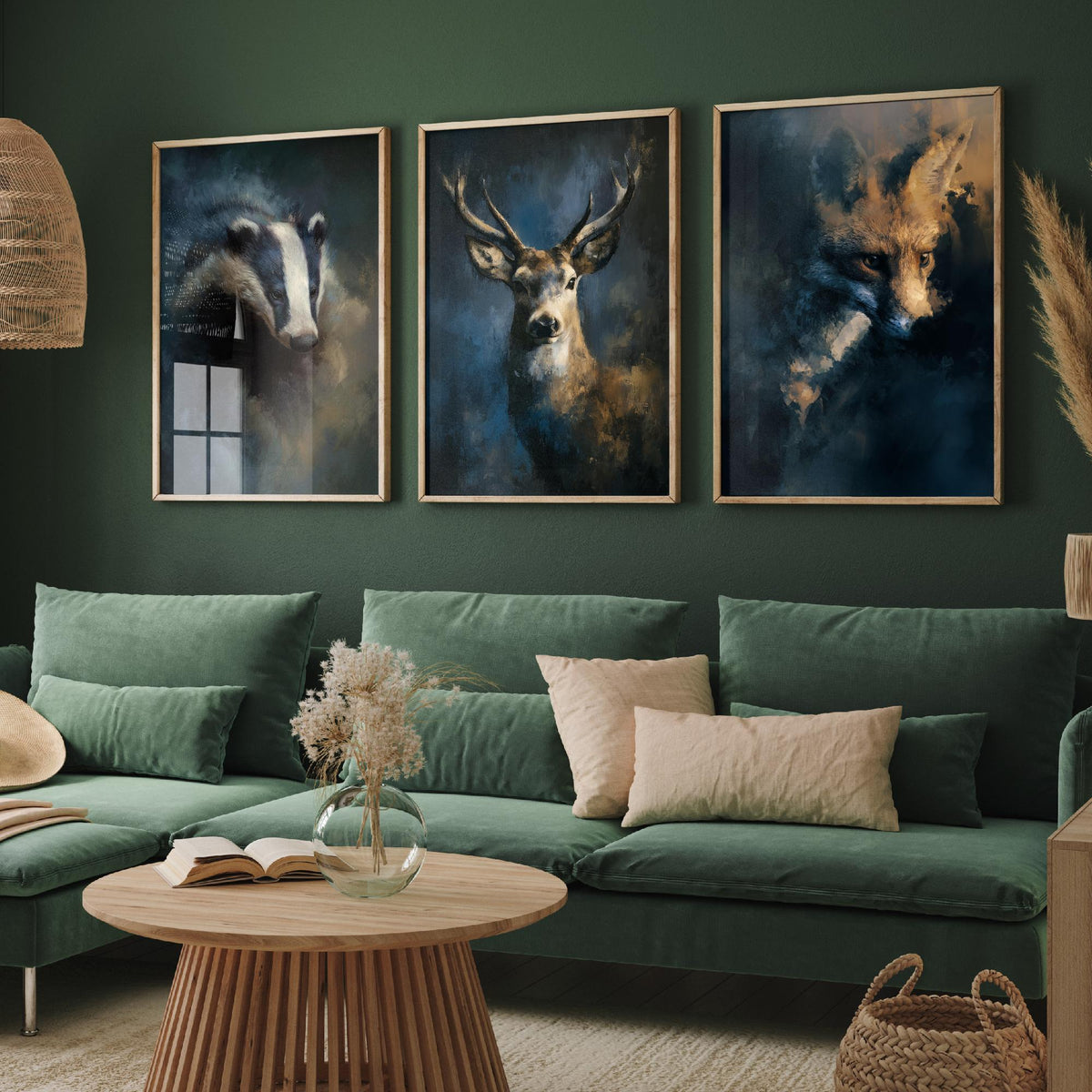 Majestic Emergence Art Prints - Set of Three Woodland at Night Posters - Badger Deer Fox Paintings