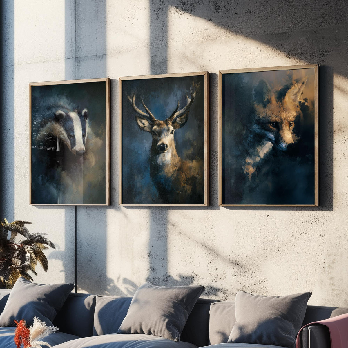 Majestic Emergence Art Prints - Set of Three Woodland at Night Posters - Badger Deer Fox Paintings