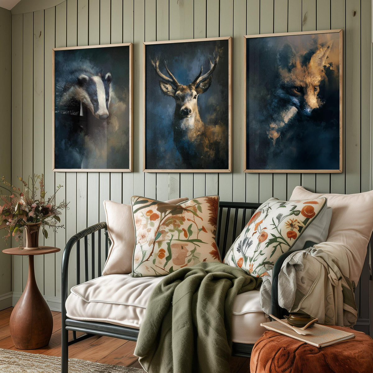 Majestic Emergence Art Prints - Set of Three Woodland at Night Posters - Badger Deer Fox Paintings