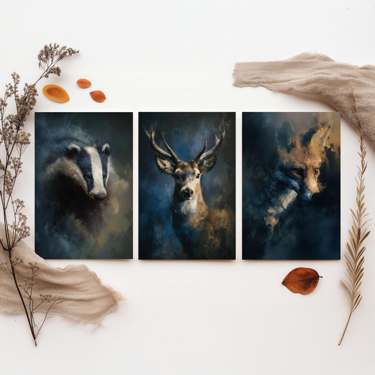 Majestic Emergence Art Prints - Set of Three Woodland at Night Posters - Badger Deer Fox Paintings