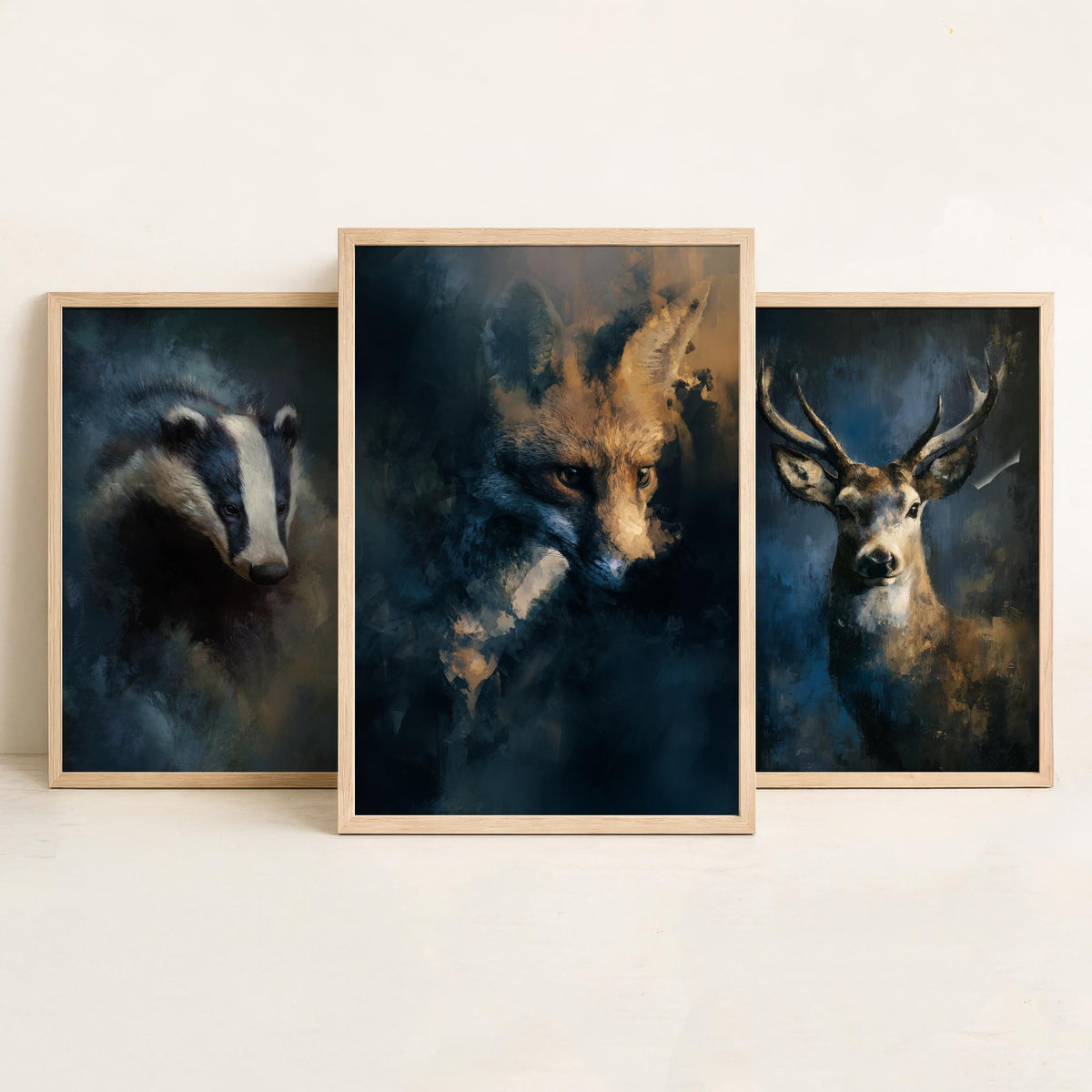Majestic Emergence Art Prints - Set of Three Woodland at Night Posters - Badger Deer Fox Paintings