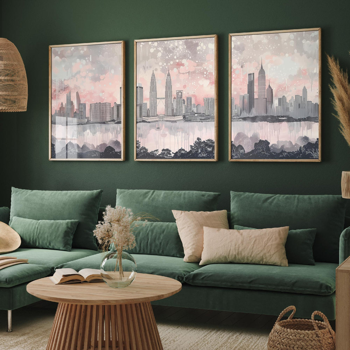 Kuala Lumpur Set of Three Art Prints - Malaysia Skyline Panorama - Petronas Towers KL Tower - Pink Grey Watercolour Poster
