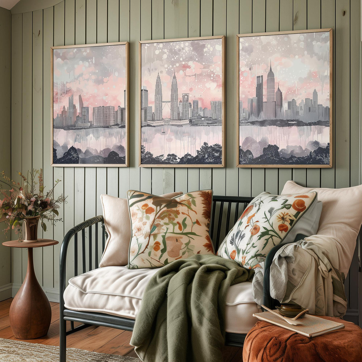 Kuala Lumpur Set of Three Art Prints - Malaysia Skyline Panorama - Petronas Towers KL Tower - Pink Grey Watercolour Poster
