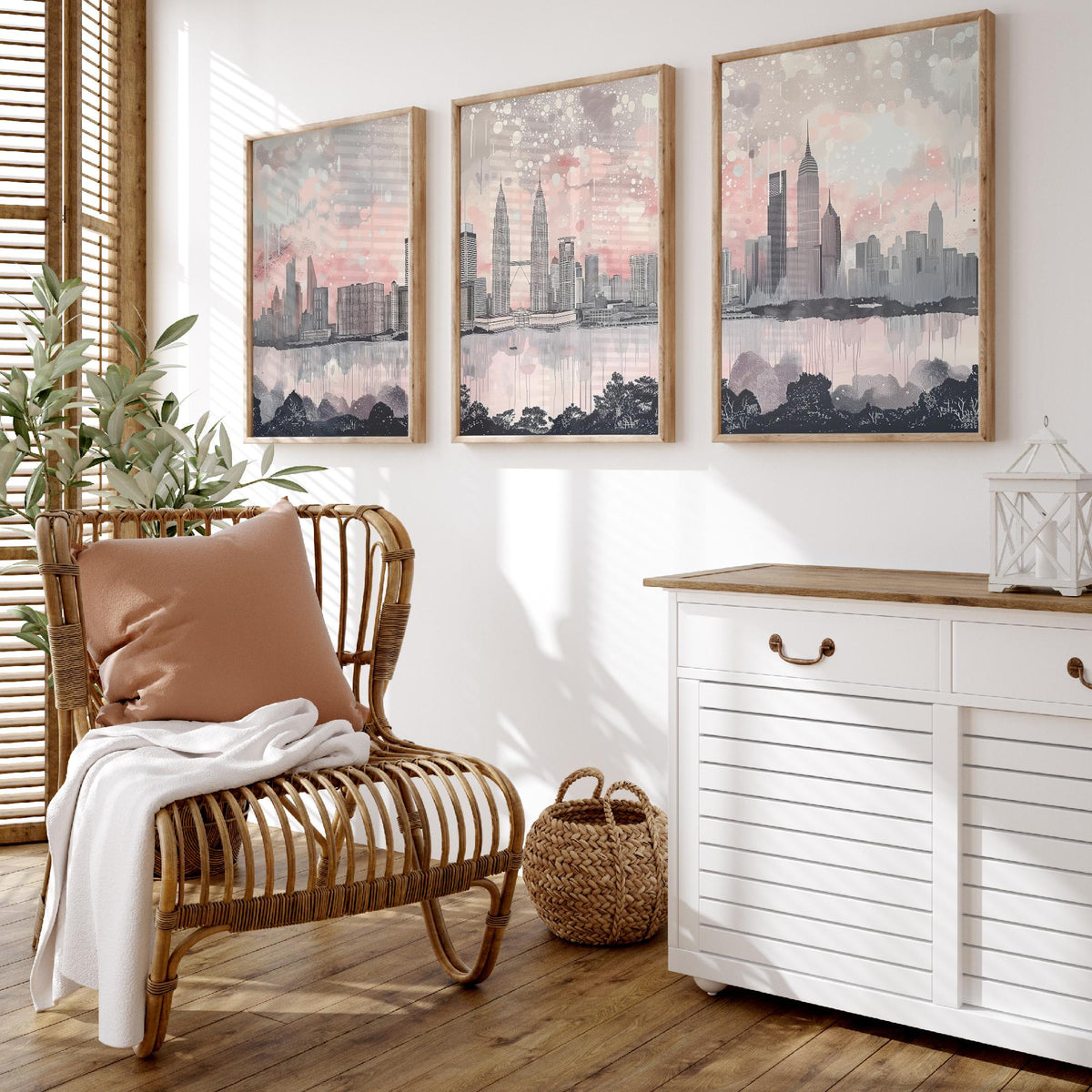 Kuala Lumpur Set of Three Art Prints - Malaysia Skyline Panorama - Petronas Towers KL Tower - Pink Grey Watercolour Poster