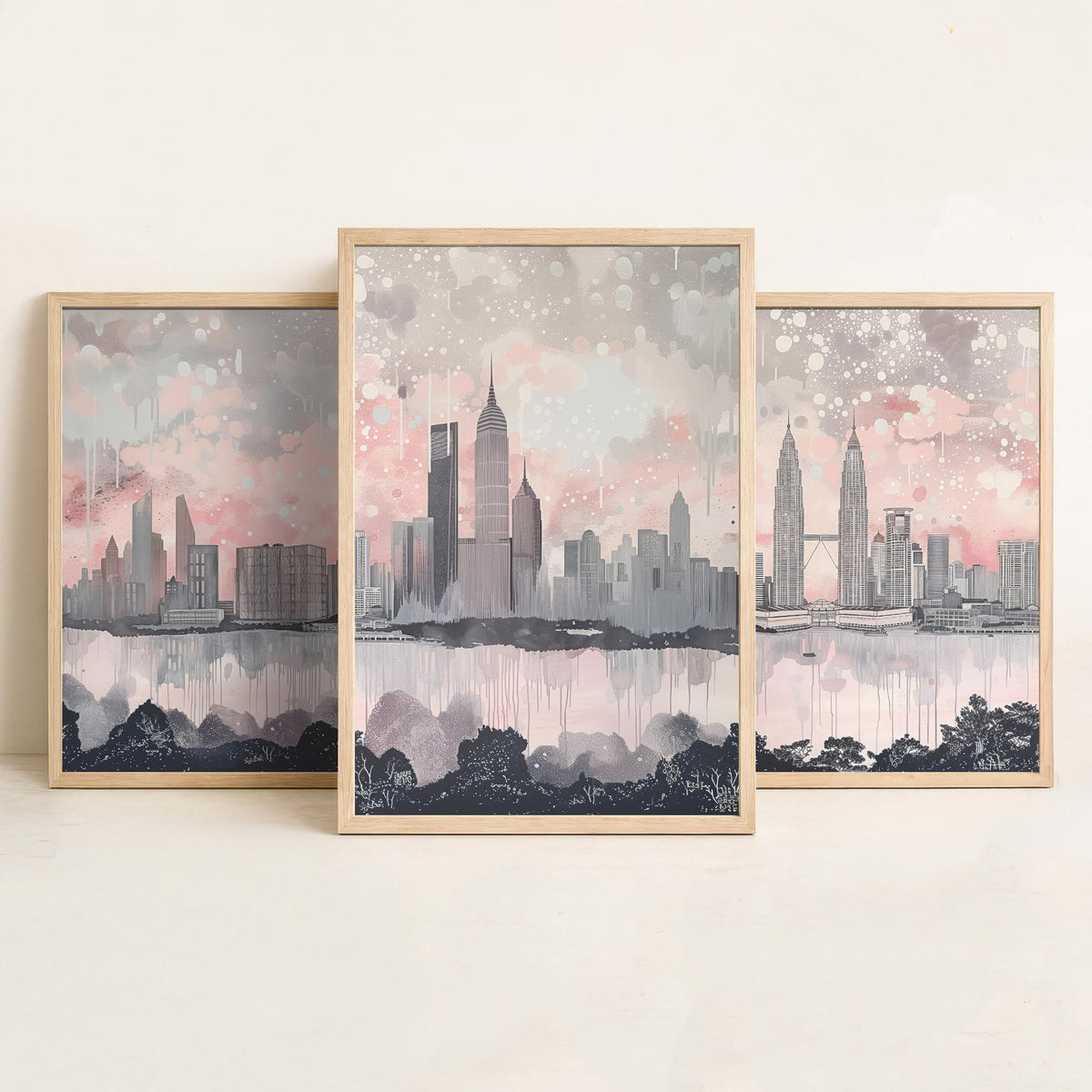 Kuala Lumpur Set of Three Art Prints - Malaysia Skyline Panorama - Petronas Towers KL Tower - Pink Grey Watercolour Poster