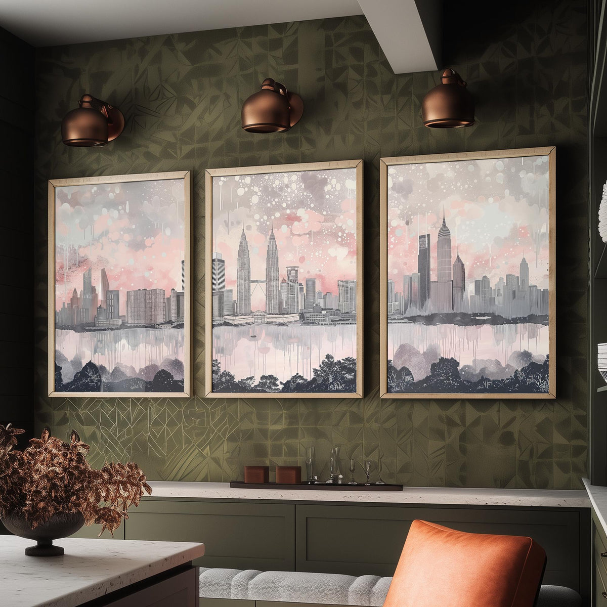 Kuala Lumpur Set of Three Art Prints - Malaysia Skyline Panorama - Petronas Towers KL Tower - Pink Grey Watercolour Poster