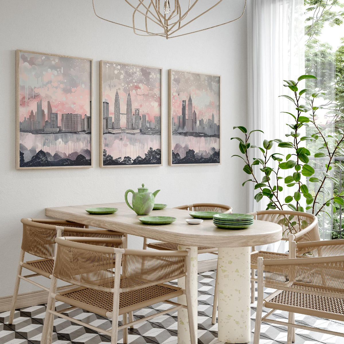 Kuala Lumpur Set of Three Art Prints - Malaysia Skyline Panorama - Petronas Towers KL Tower - Pink Grey Watercolour Poster