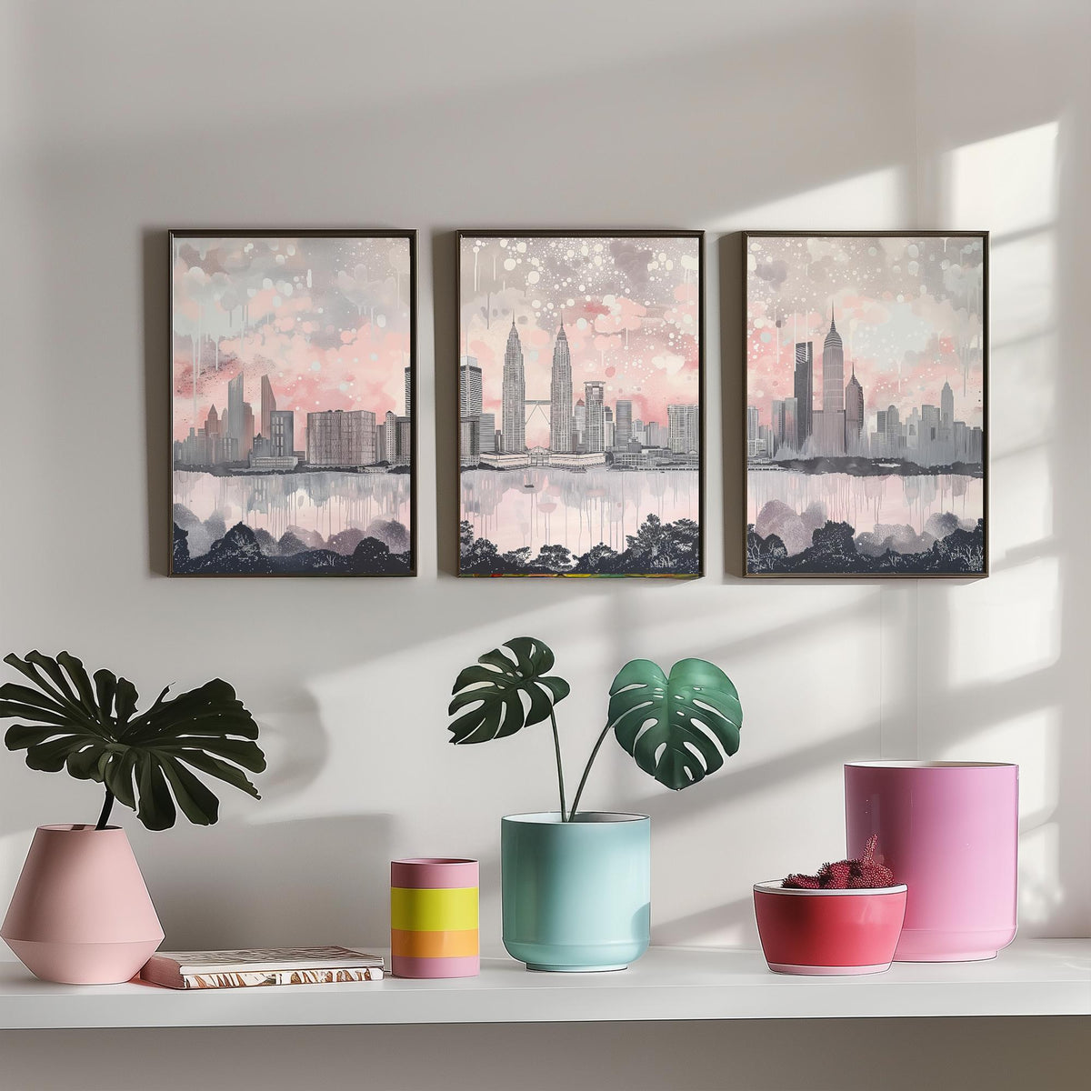 Kuala Lumpur Set of Three Art Prints - Malaysia Skyline Panorama - Petronas Towers KL Tower - Pink Grey Watercolour Poster