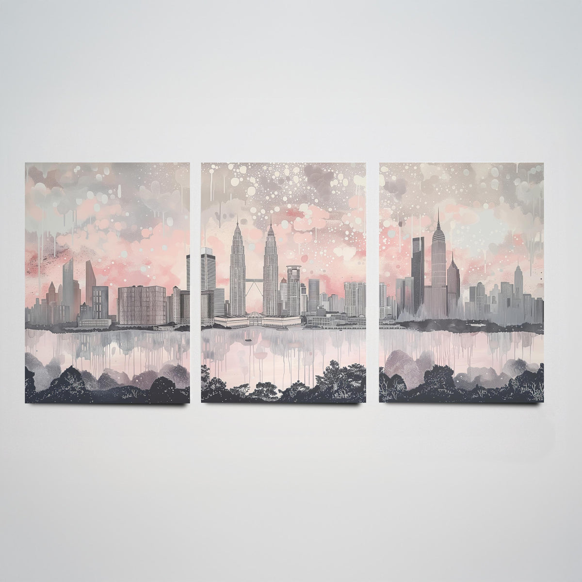 Kuala Lumpur Set of Three Art Prints - Malaysia Skyline Panorama - Petronas Towers KL Tower - Pink Grey Watercolour Poster