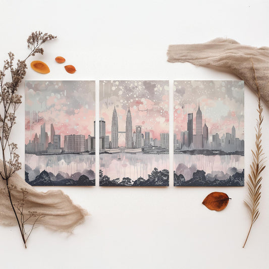 Kuala Lumpur Set of Three Art Prints - Malaysia Skyline Panorama - Petronas Towers KL Tower - Pink Grey Watercolour Poster