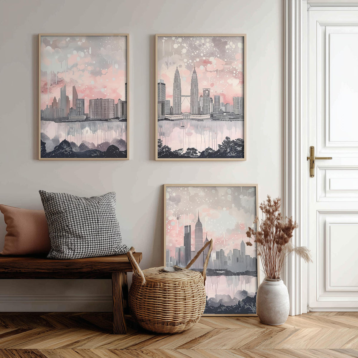 Kuala Lumpur Set of Three Art Prints - Malaysia Skyline Panorama - Petronas Towers KL Tower - Pink Grey Watercolour Poster