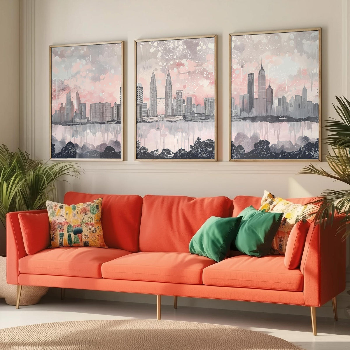 Kuala Lumpur Set of Three Art Prints - Malaysia Skyline Panorama - Petronas Towers KL Tower - Pink Grey Watercolour Poster
