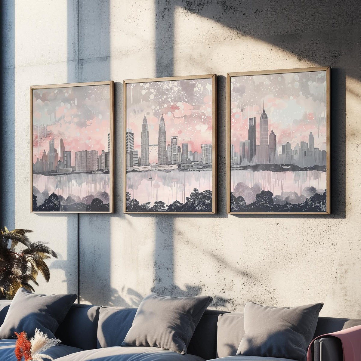Kuala Lumpur Set of Three Art Prints - Malaysia Skyline Panorama - Petronas Towers KL Tower - Pink Grey Watercolour Poster