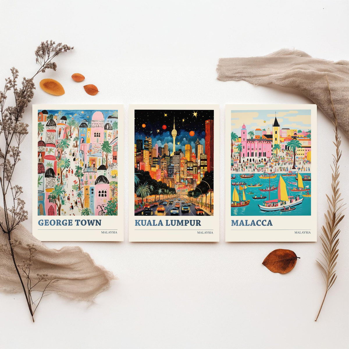 Malaysia Set of Three Travel Posters - George Town, Kuala Lumpur, Malacca - Ludwig Folk Art Prints - Naive Painting