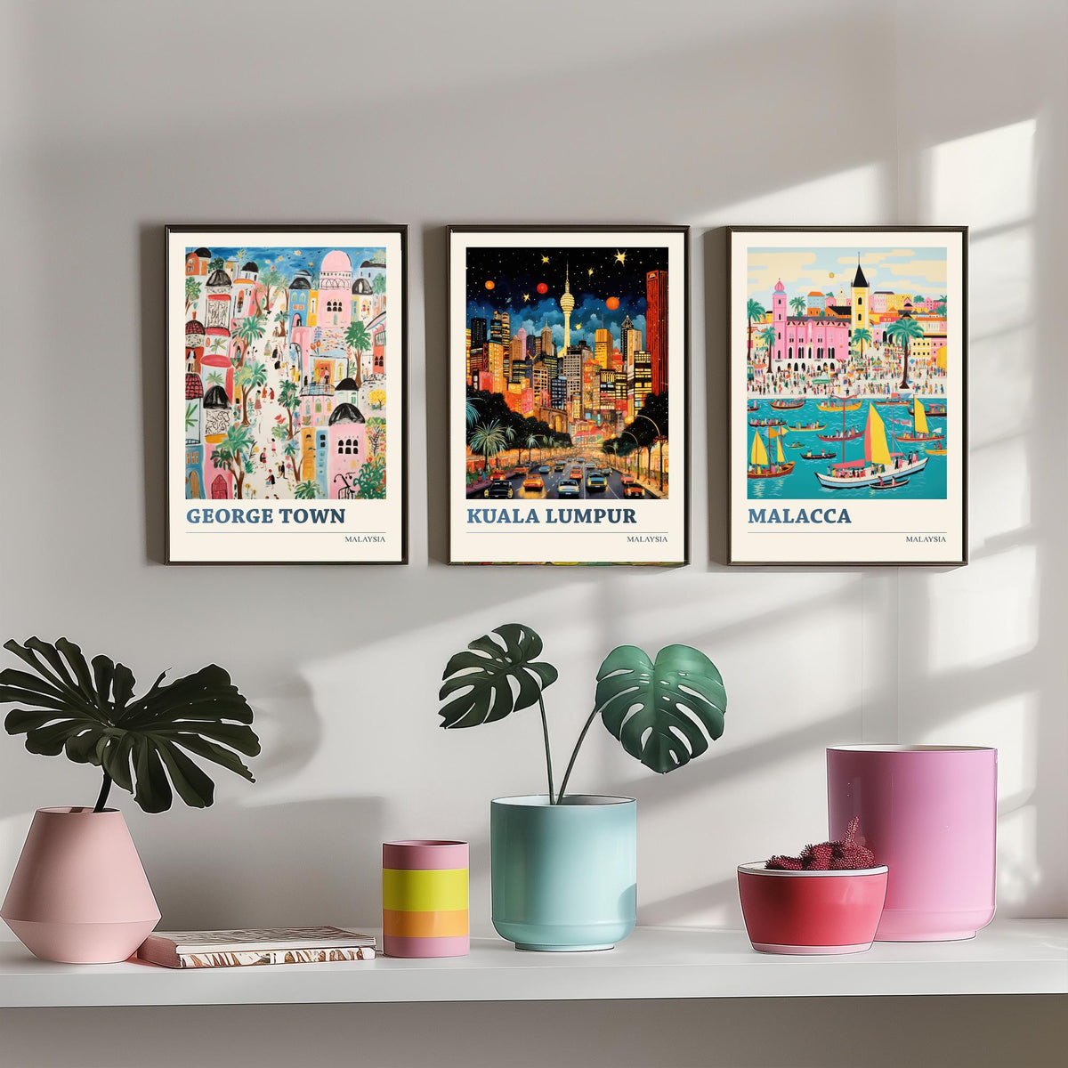 Malaysia Set of Three Travel Posters - George Town, Kuala Lumpur, Malacca - Ludwig Folk Art Prints - Naive Painting