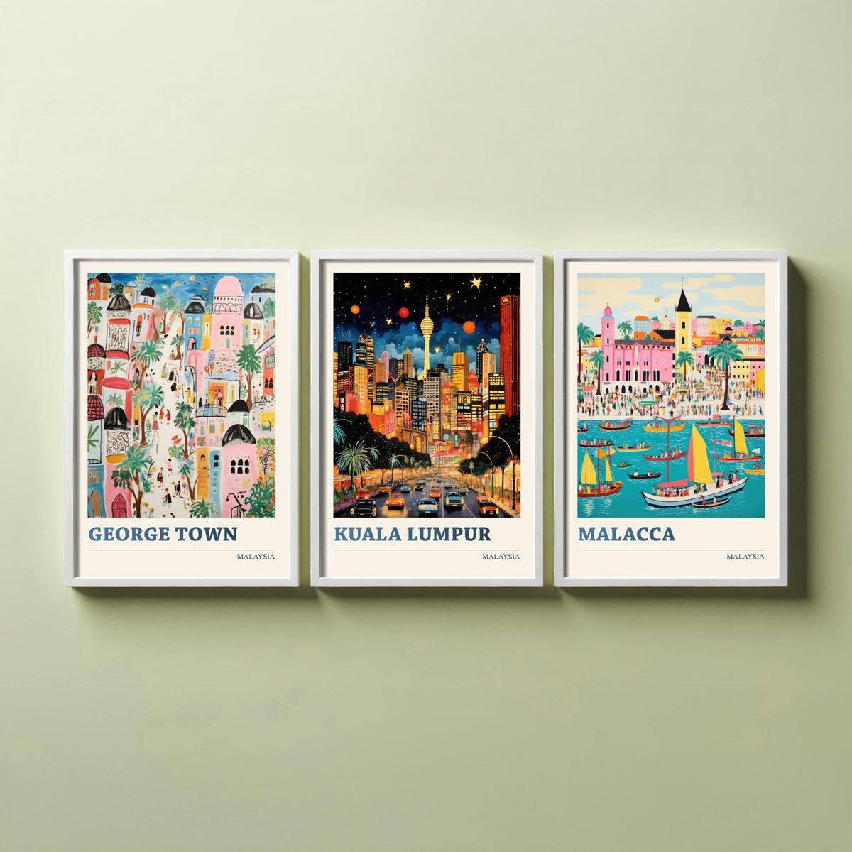 Malaysia Set of Three Travel Posters - George Town, Kuala Lumpur, Malacca - Ludwig Folk Art Prints - Naive Painting