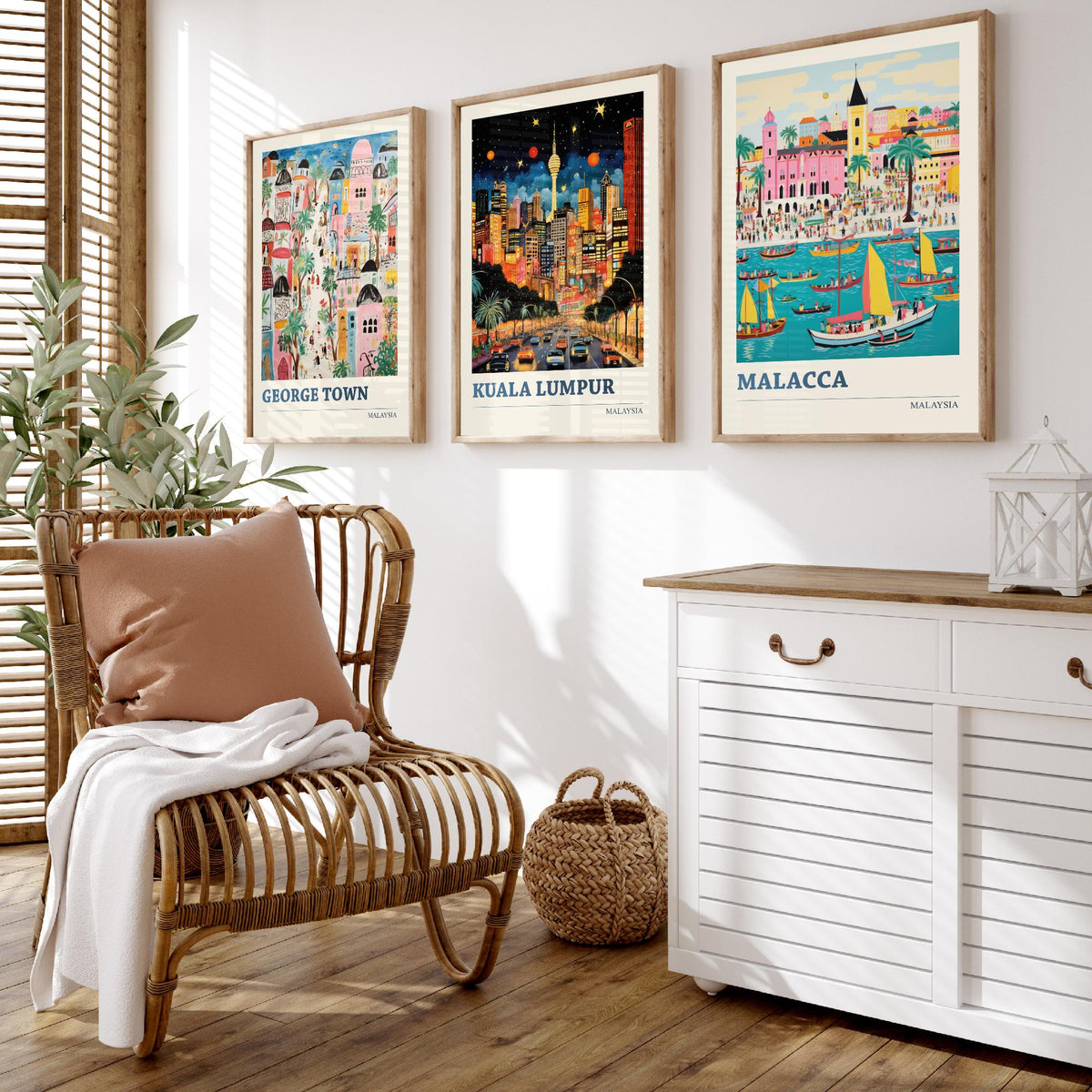 Malaysia Set of Three Travel Posters - George Town, Kuala Lumpur, Malacca - Ludwig Folk Art Prints - Naive Painting