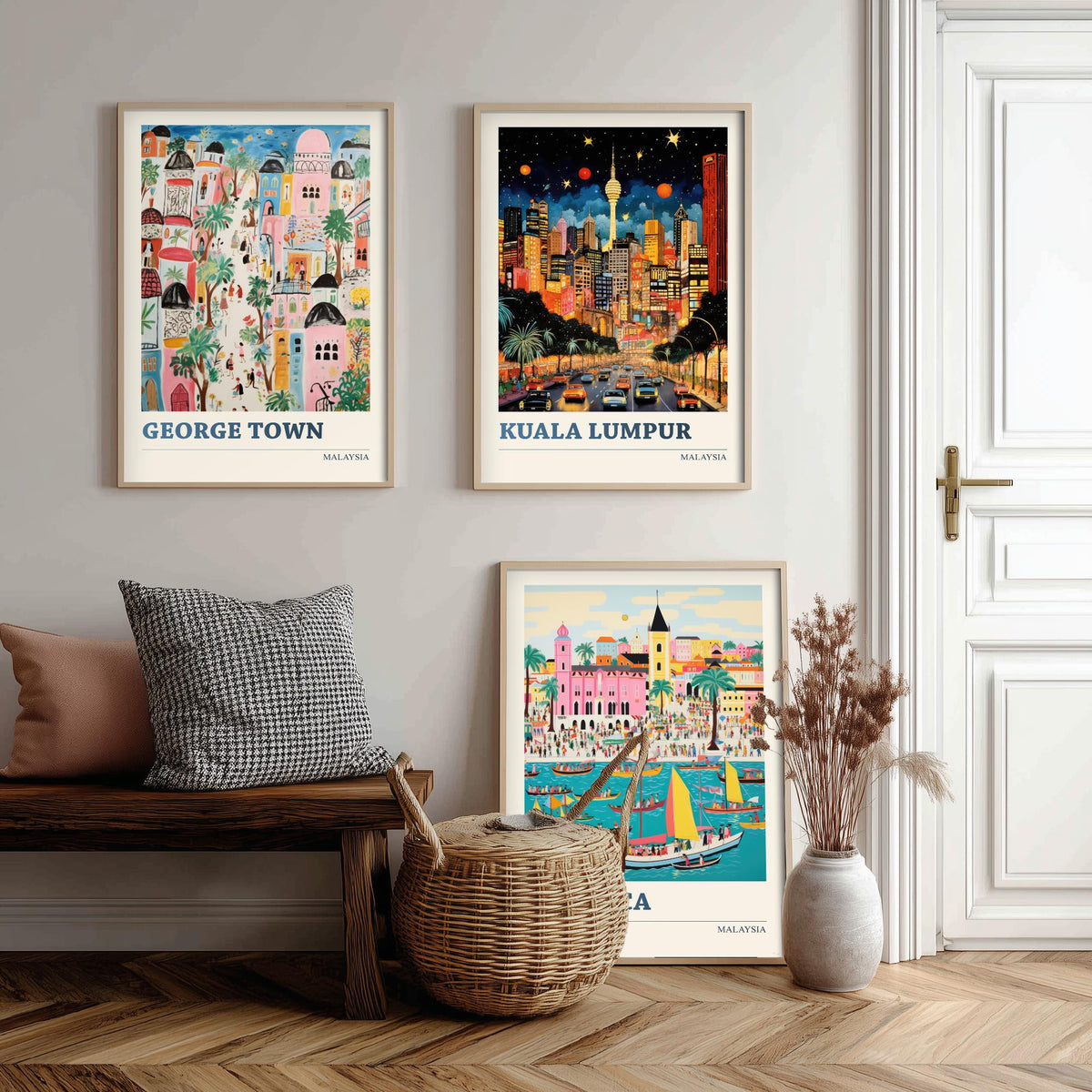 Malaysia Set of Three Travel Posters - George Town, Kuala Lumpur, Malacca - Ludwig Folk Art Prints - Naive Painting