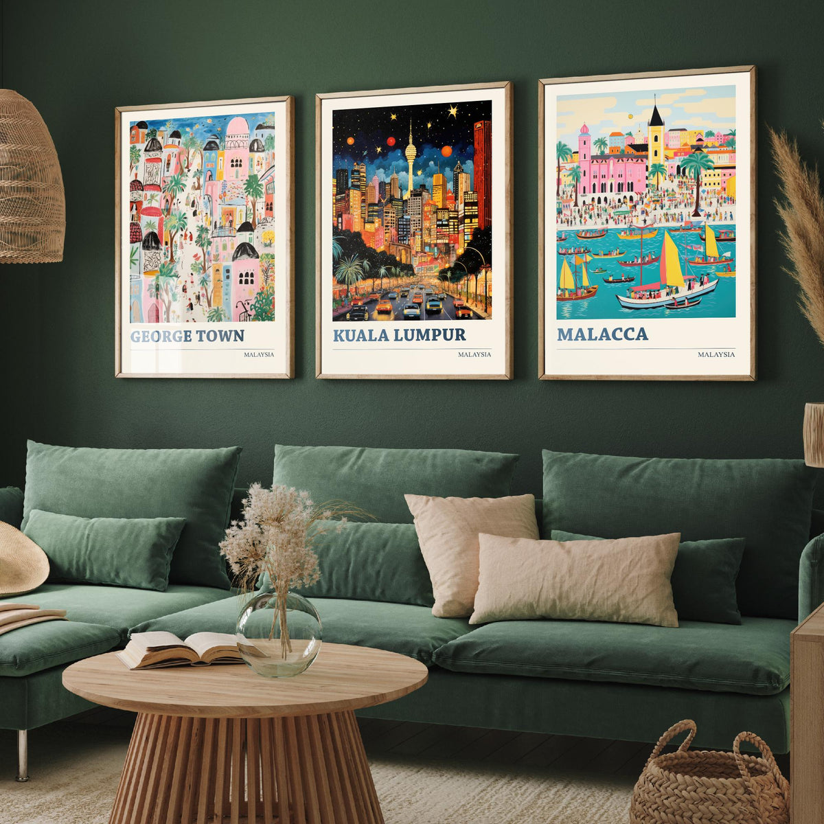 Malaysia Set of Three Travel Posters - George Town, Kuala Lumpur, Malacca - Ludwig Folk Art Prints - Naive Painting