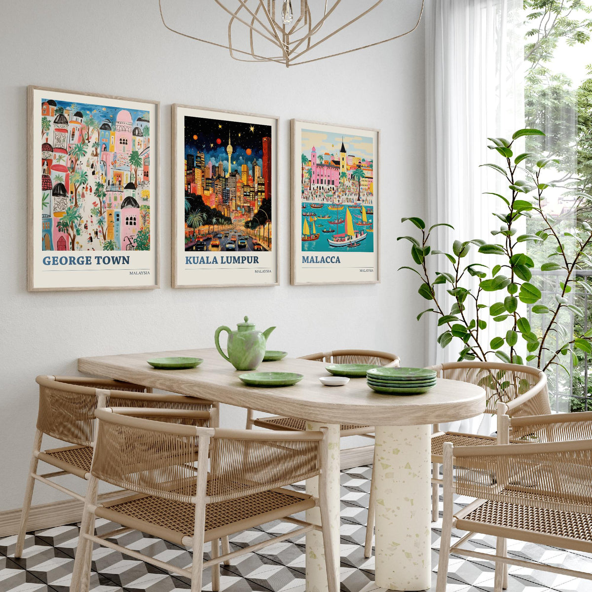 Malaysia Set of Three Travel Posters - George Town, Kuala Lumpur, Malacca - Ludwig Folk Art Prints - Naive Painting