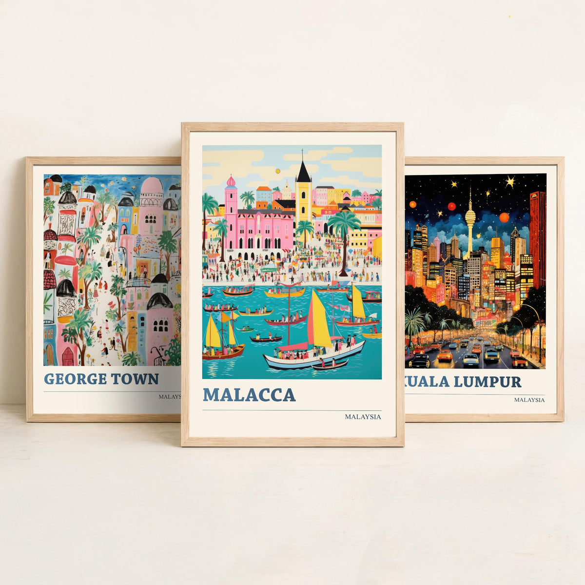 Malaysia Set of Three Travel Posters - George Town, Kuala Lumpur, Malacca - Ludwig Folk Art Prints - Naive Painting
