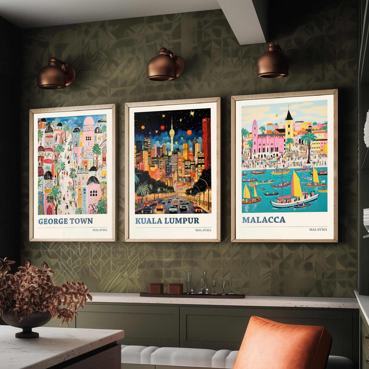 Malaysia Set of Three Travel Posters - George Town, Kuala Lumpur, Malacca - Ludwig Folk Art Prints - Naive Painting