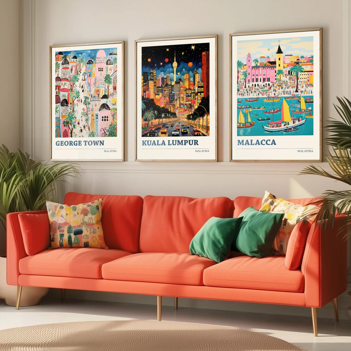 Malaysia Set of Three Travel Posters - George Town, Kuala Lumpur, Malacca - Ludwig Folk Art Prints - Naive Painting