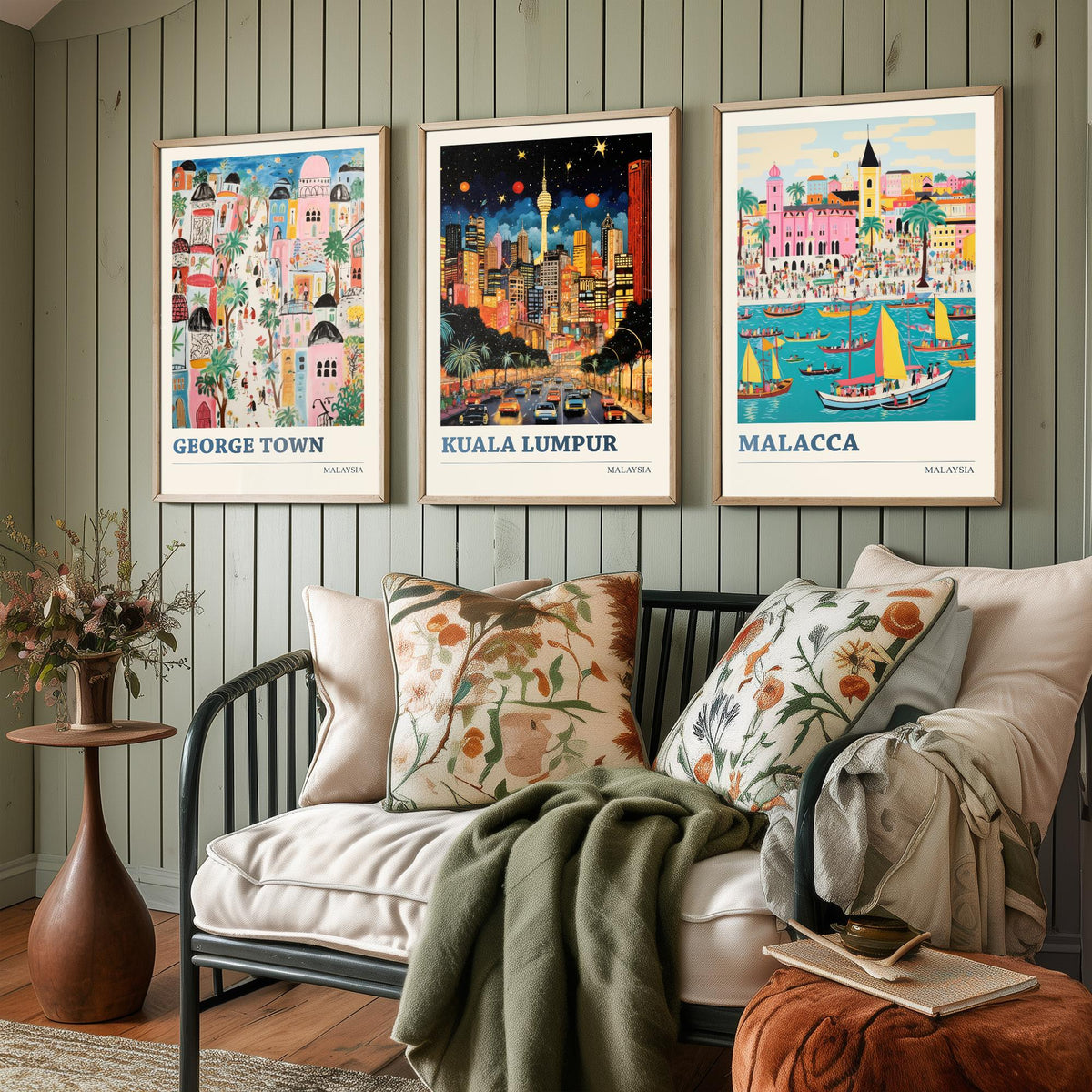 Malaysia Set of Three Travel Posters - George Town, Kuala Lumpur, Malacca - Ludwig Folk Art Prints - Naive Painting