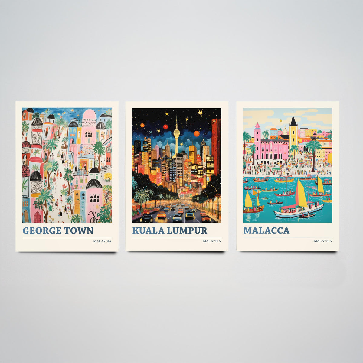 Malaysia Set of Three Travel Posters - George Town, Kuala Lumpur, Malacca - Ludwig Folk Art Prints - Naive Painting