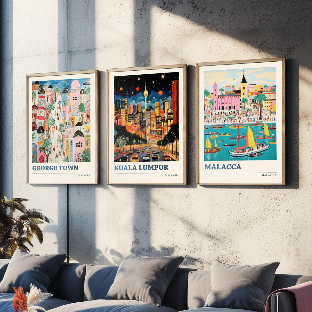 Malaysia Set of Three Travel Posters - George Town, Kuala Lumpur, Malacca - Ludwig Folk Art Prints - Naive Painting