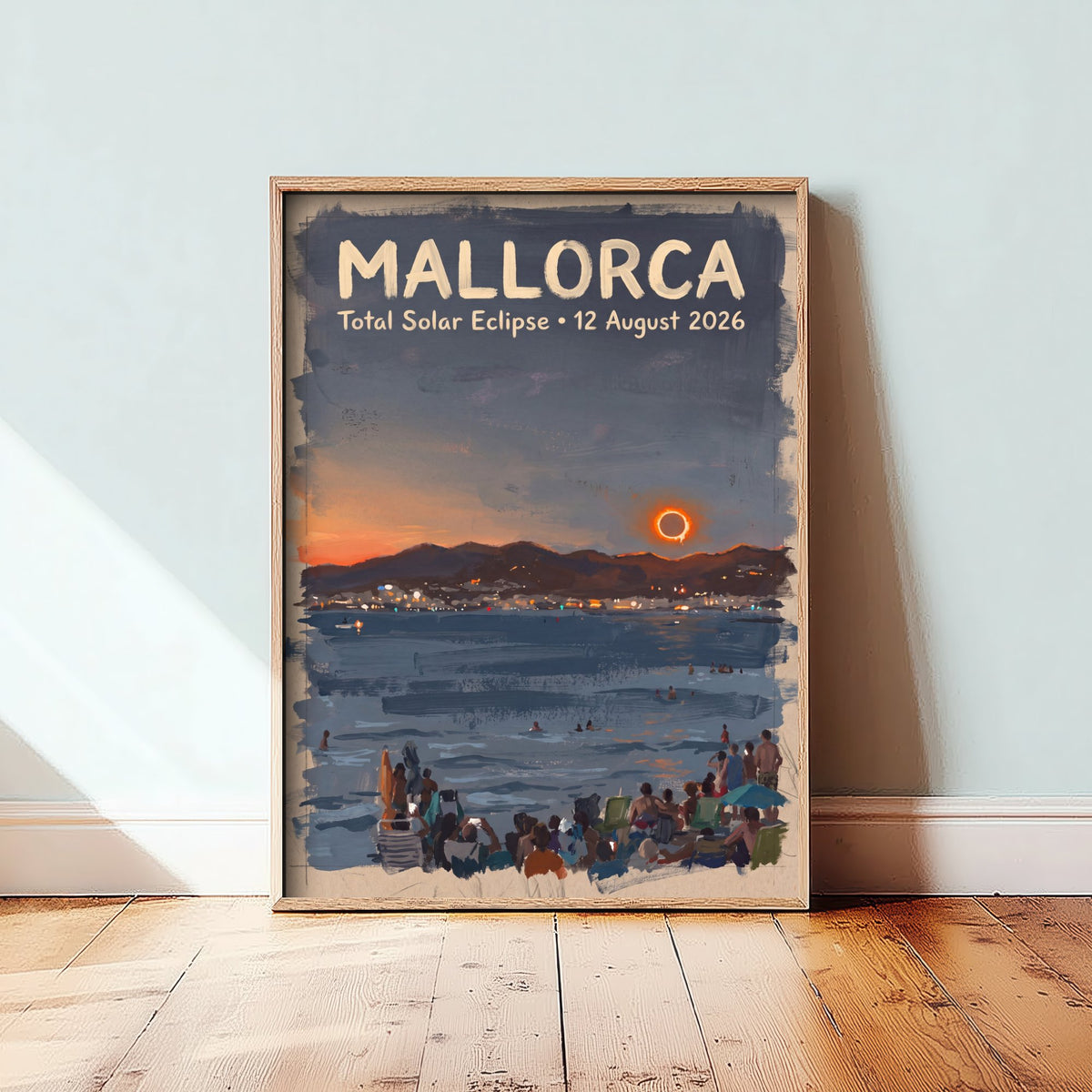 Mallorca Total Solar Eclipse 2026 Travel Poster - Spain Art Print - Dark Brush Painting - Mediterranean Beach at Totality