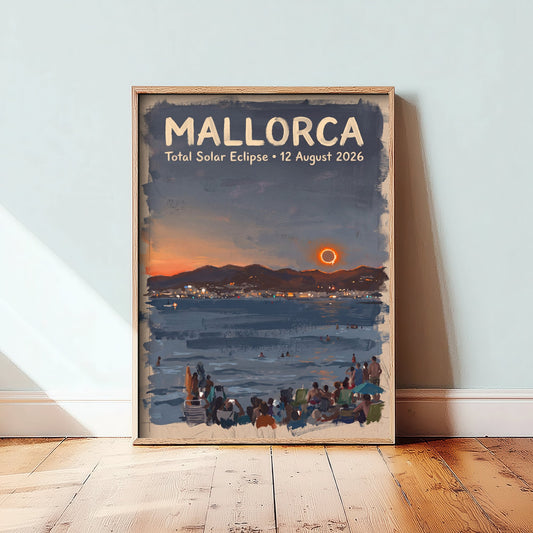 Mallorca Total Solar Eclipse 2026 Travel Poster - Spain Art Print - Dark Brush Painting - Mediterranean Beach at Totality