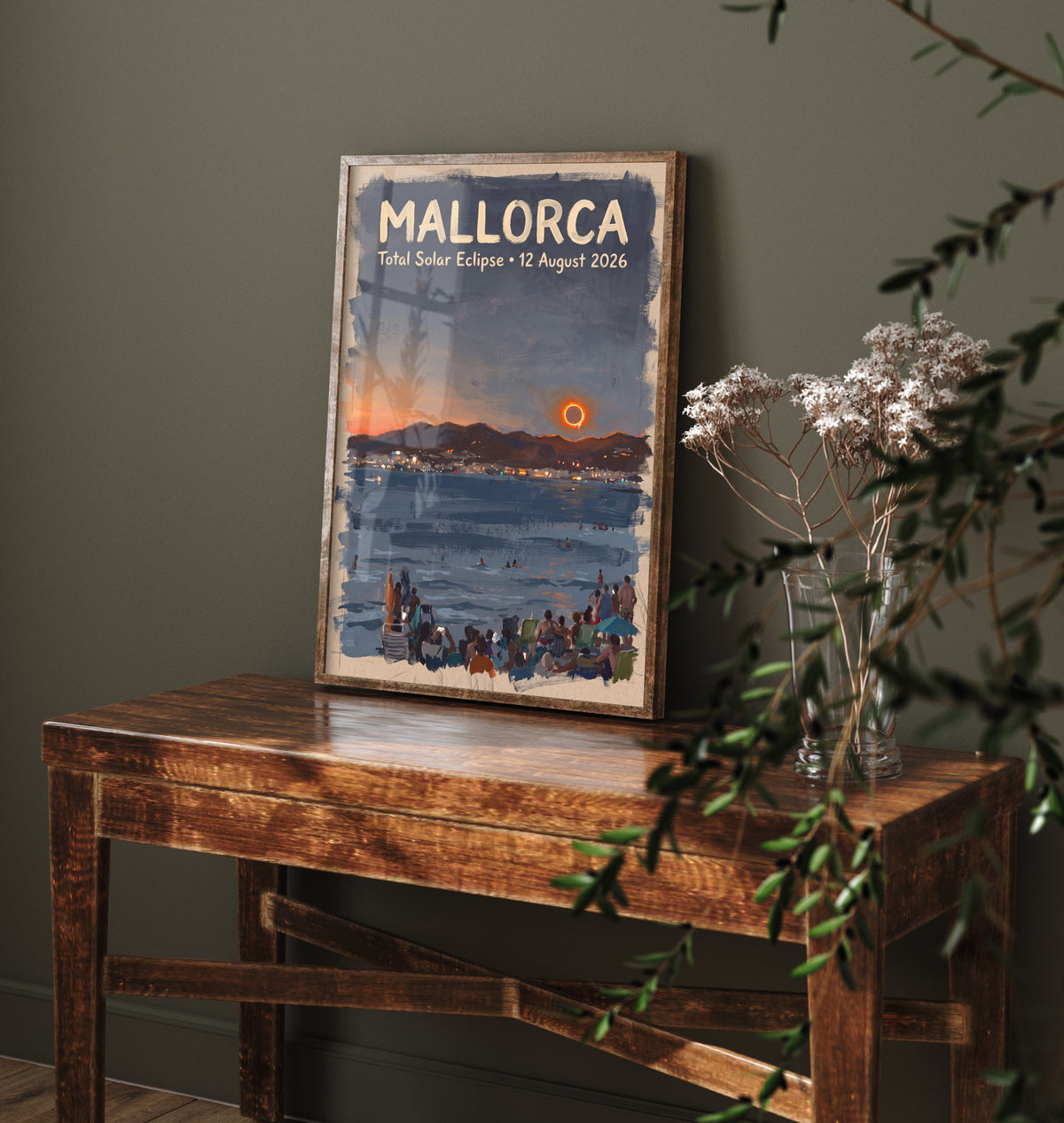 Mallorca Total Solar Eclipse 2026 Travel Poster - Spain Art Print - Dark Brush Painting - Mediterranean Beach at Totality