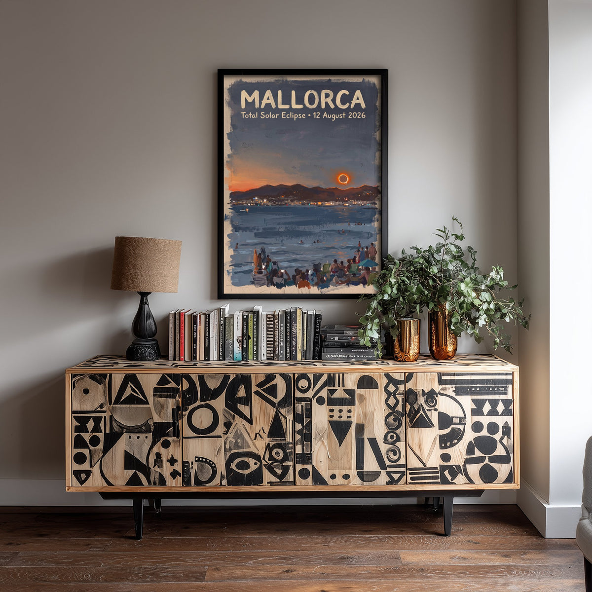 Mallorca Total Solar Eclipse 2026 Travel Poster - Spain Art Print - Dark Brush Painting - Mediterranean Beach at Totality