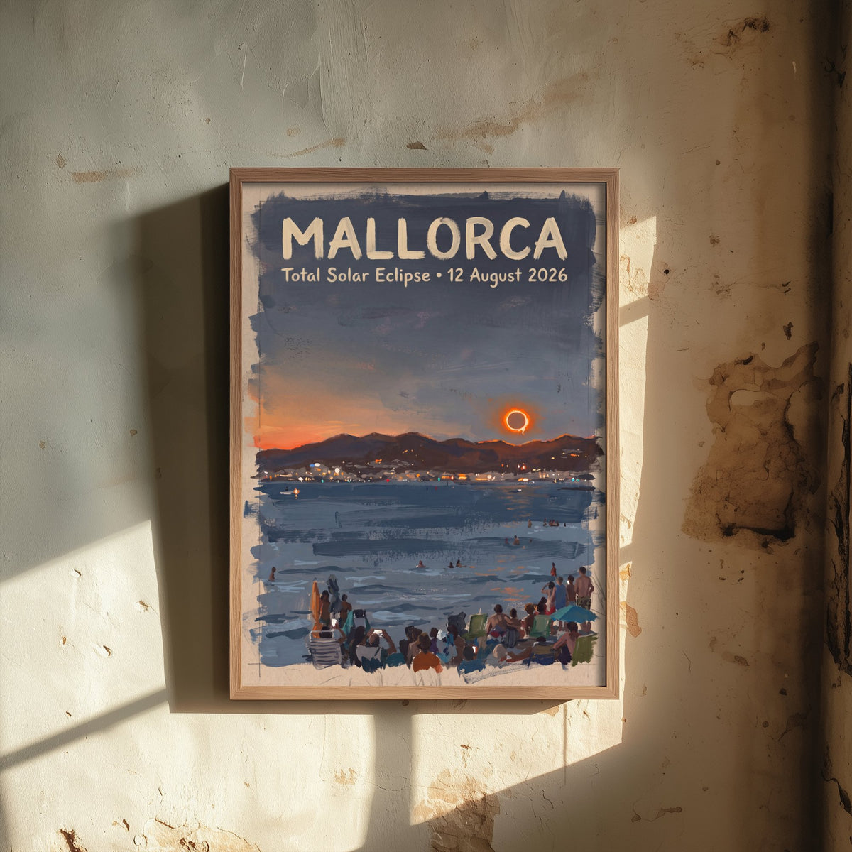 Mallorca Total Solar Eclipse 2026 Travel Poster - Spain Art Print - Dark Brush Painting - Mediterranean Beach at Totality