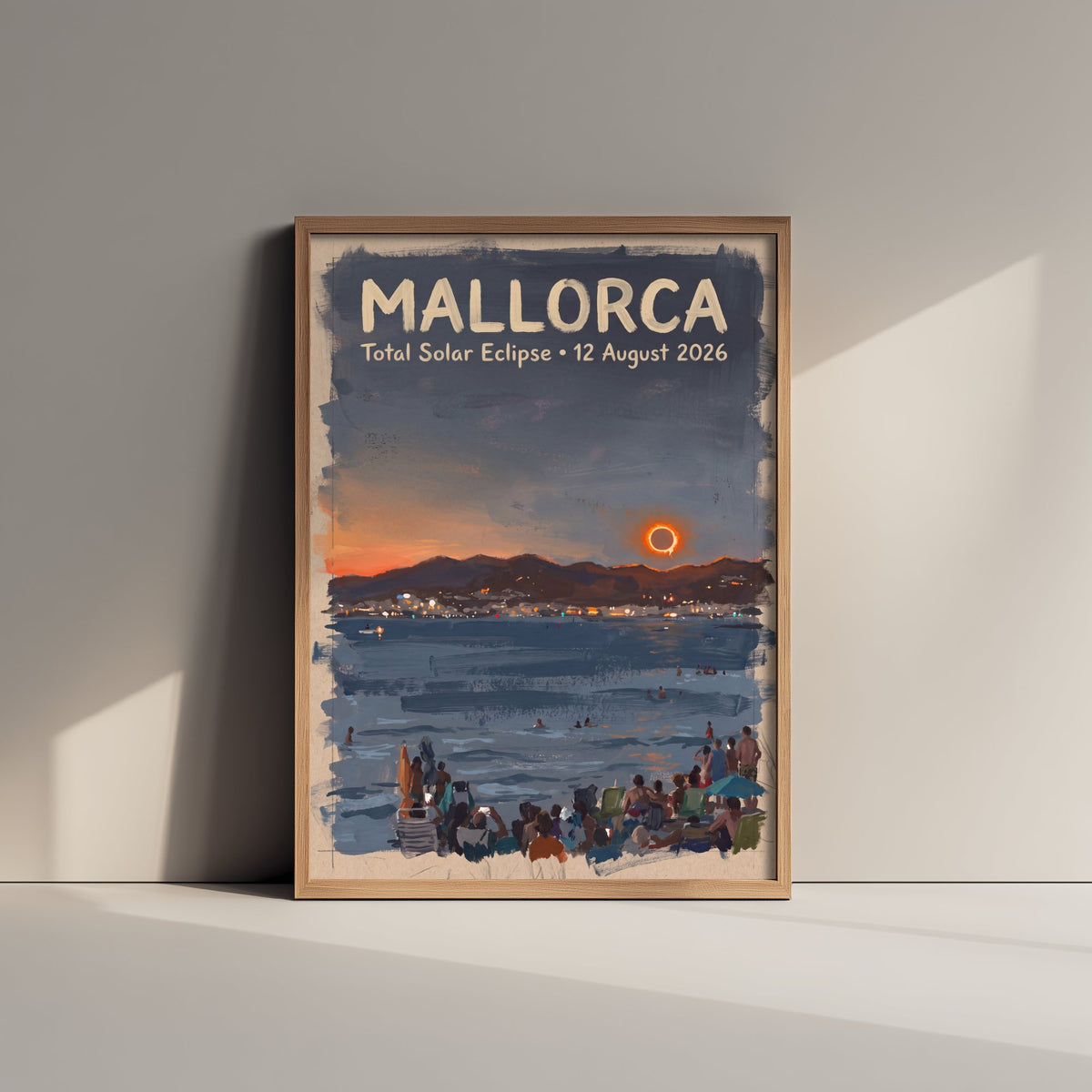 Mallorca Total Solar Eclipse 2026 Travel Poster - Spain Art Print - Dark Brush Painting - Mediterranean Beach at Totality