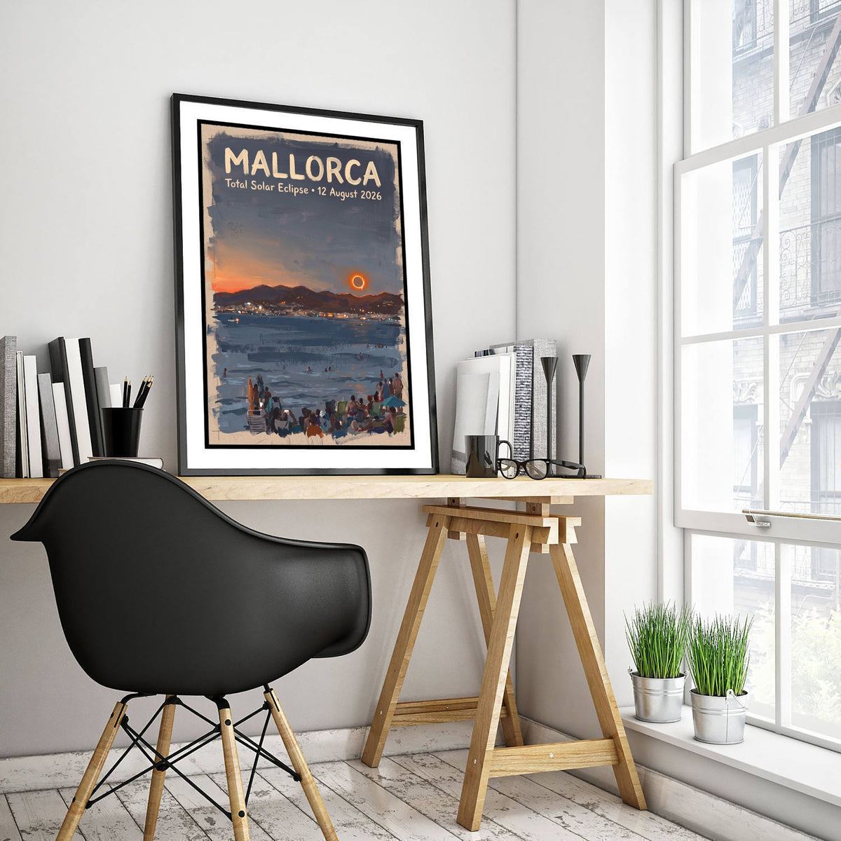 Mallorca Total Solar Eclipse 2026 Travel Poster - Spain Art Print - Dark Brush Painting - Mediterranean Beach at Totality